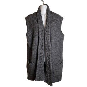 Eddie Bauer M Wool Blend Gray Sleeveless Long Cardigan Vest Cable knit  Sweater